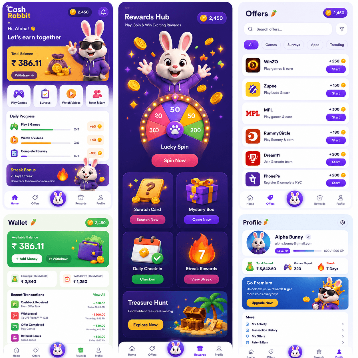 Cash Rabbit app screens: wallet, rewards hub, offers, and profile